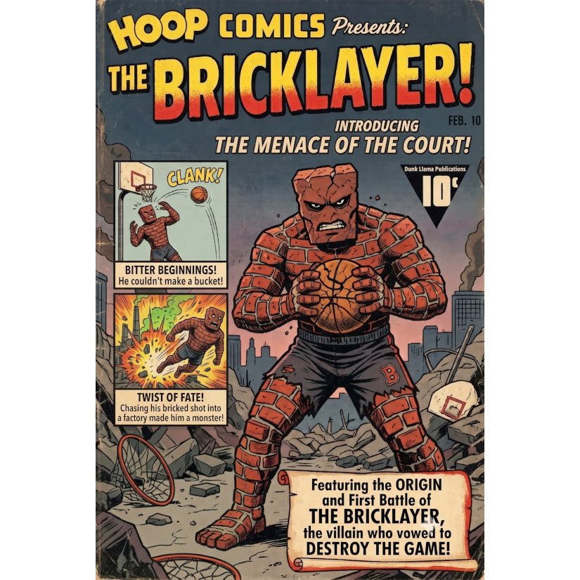 A retro-style comic book cover for 'The Bricklayer' featuring a brick-like humanoid character holding a basketball in a city scene. The cover includes large title text, comic panel illustrations, and vintage-style typography.